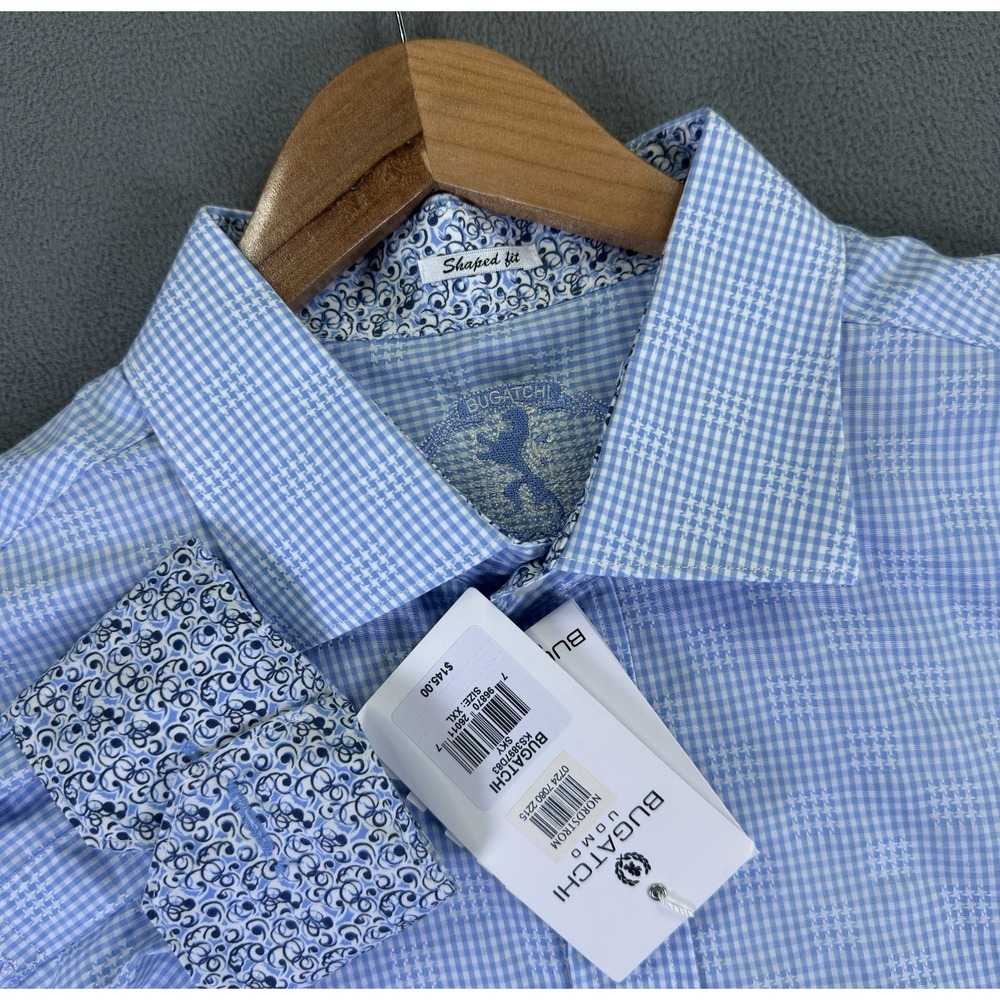 Bugatchi Uomo Shirt Mens 3XL Blue Gingham Check Flip Cuff Colorful Office New